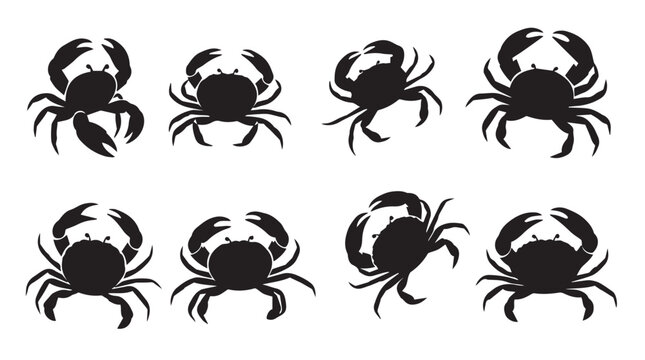 Crab silhouettes on white background showing diverse poses and angles in simple graphic style