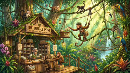 Obraz premium Monkeys in a vibrant jungle scene at a post office ai generated