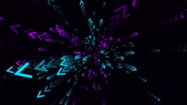 Neon cyan and magenta arrows radiating from center in dark digital space. Abstract motion background featuring glowing chevrons flying towards viewer