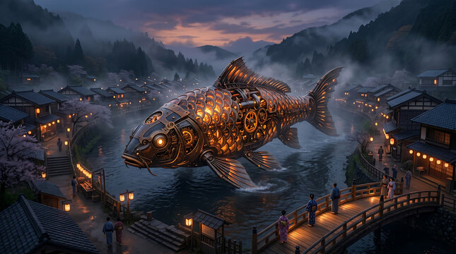 Steampunk mechanical fish floats over a misty village at dusk ai generated