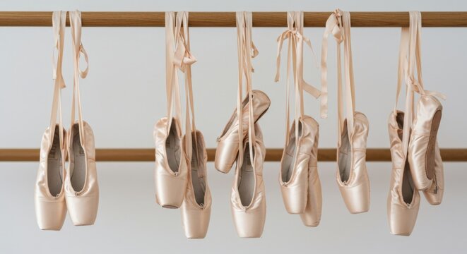 Elegant satin ballet pointe shoes hanging on wooden barre in bright professional dance studio interior