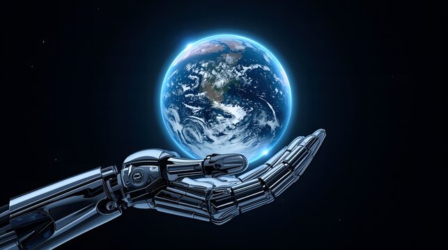 Robotic hand holding planet Earth in outer space futuristic exploration