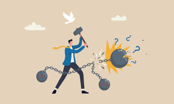 Break free or breaking bad habits or routines for freedom, pay off debt, destroy shackle or anxiety burden, escape and liberation concept, confidence businessman use hammer to break heavy chain burden