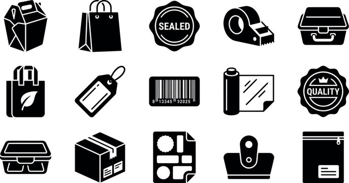 Black and white icons of various packaging and shipping labels and symbols on white background