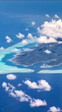 Bora Bora Island, French Polynesia. Aerial view of the island. Vertical video
