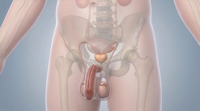 Male reproductive system anatomy with detailed organs and structures represented in a clear and educational style