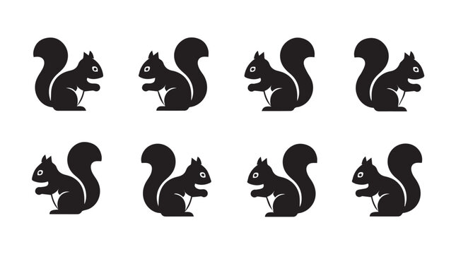 Eight identical squirrel silhouettes against a white background in a grid pattern for graphic design
