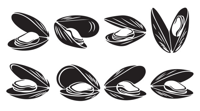 Eight open mussel shells in silhouette against a white background with varying angles for food presentation
