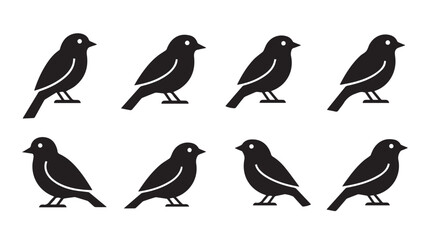 Obraz premium Eight small bird silhouettes perched against a bright white background representing unity and simple design elements
