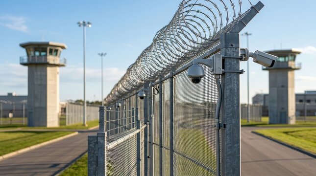 Security surveillance at a modern prison facility with tall fences and guard towers.