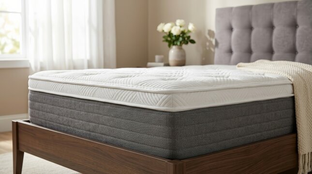 A comfortable orthopedic mattress on a bed within an elegant bedroom setting.