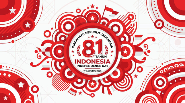 Dynamic abstract graphic design celebrating 81 years of national independence, adorned with vibrant red and white geometric patterns, circles, and stars, symbolizing freedom and cultural festivities