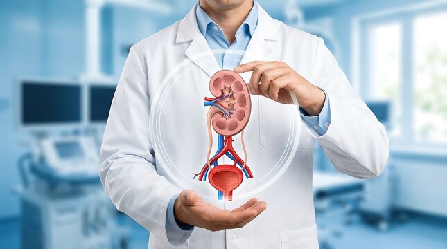Dokter profesional memegang hologram anatomi ginjal manusia bercahaya, melambangkan inovasi teknologi medis dan diagnosis kesehatan urologi modern.