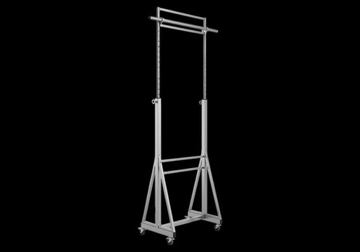 Adjustable metal clothing rack with wheels and crossbar isolated on transparent background