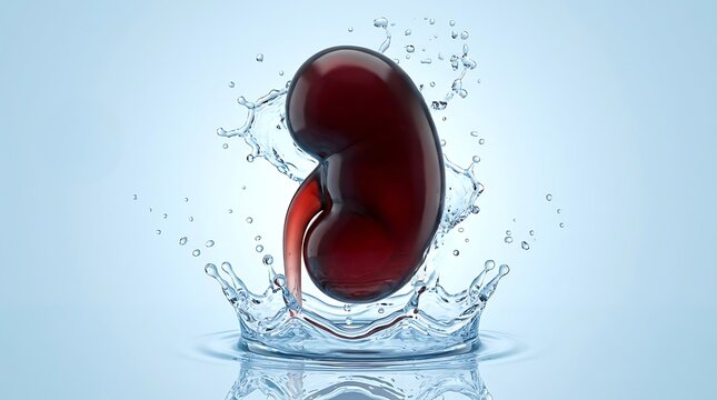 Organ ginjal manusia yang sehat di tengah percikan air jernih, melambangkan pentingnya hidrasi untuk kesehatan urologi.