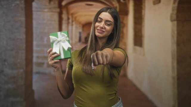 Woman holds a green present with a white bow in one hand and points fist forward while standing in a stone corridor inside a building; friendly invitation.