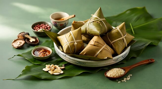 Zongzi sticky rice dumplings for dragon boat festival on green background