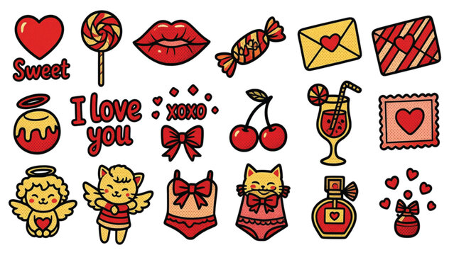 Valentine day stickers vector set featuring hearts love letters cherries sweet candy lips and cute kittens for romantic holiday scrapbooking and digital graphic design projects