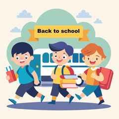 Fototapeta premium Back to school banner design with happy students walking to classroom 