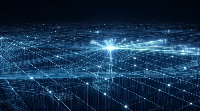 Glowing nodes connected by digital lines form a dynamic data grid, representing network infrastructure, connectivity, information flow, big data, and cloud computing