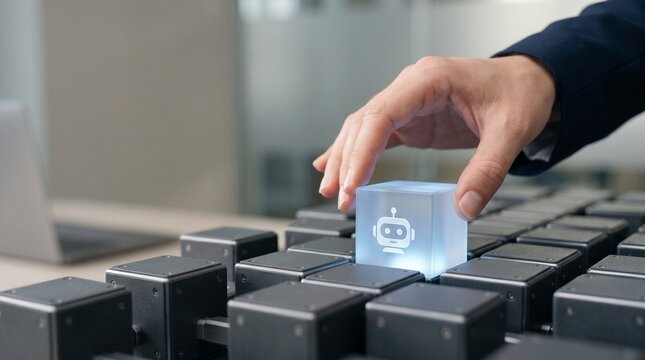 Human hand placing a glowing chatbot cube onto a grid of devices, symbolizing AI integration and technology adoption.