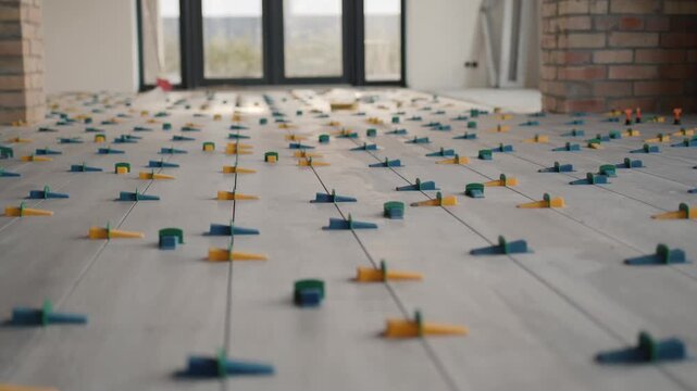 Close up of floor tiles installation with tile leveling system in new house construction.