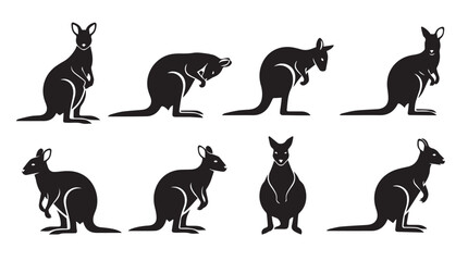 Obraz premium Kangaroo silhouettes in various poses against a white background symbolizing Australian wildlife and movement