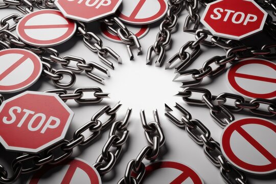 Chains bind stop signs in a circular formation on a surface