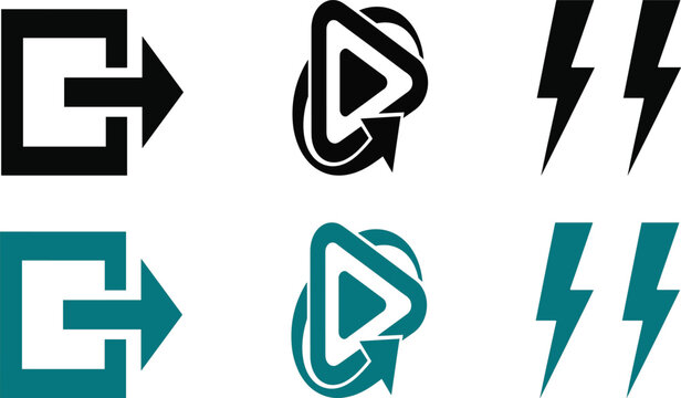 
Black and Teal Exit, Play Button, and Lightning Bolt Logo Icon Set on White Background Flat Style Vector Illustration for Media and Technology Designs