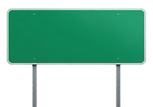 Green highway exit road sign with supporting poles isolated on transparent background