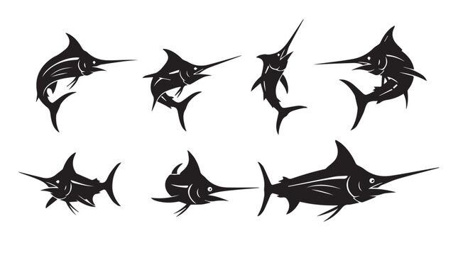 Marlin fish silhouettes in dynamic poses against a white background representing oceanic sport