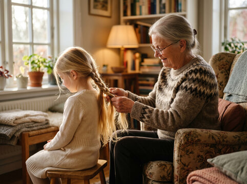 Side View of Grandma Braiding Granddaughter's Long Hair
