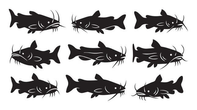 Nine catfish silhouettes against a white background for commercial use showcasing aquatic life