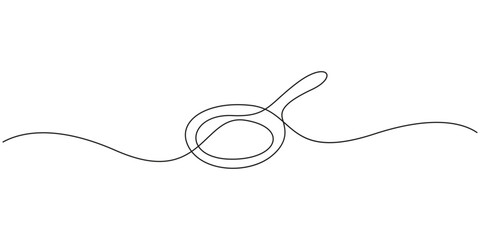 Obraz premium Frying pan continuous line drawing for minimalist kitchenware and cooking design. Minimalist skillet outline icon in a single line art style for restaurant branding.