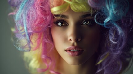 Fototapeta premium Editorial style beauty shot featuring a colorful wig and polished look