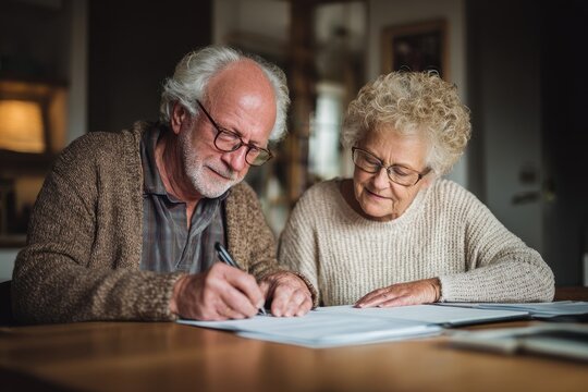 Elderly partners finalize their will together at a wooden dining table with papers and pen