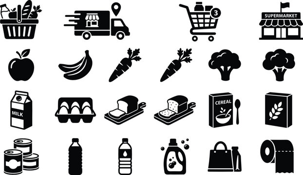 Supermarket grocery shopping icon set with fresh produce food delivery truck market storefront and daily household essential vector elements