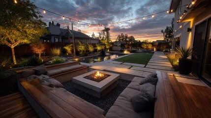 Fototapeta premium Evening outdoor lounge around a fire pit in a lush, well-manicured backyard