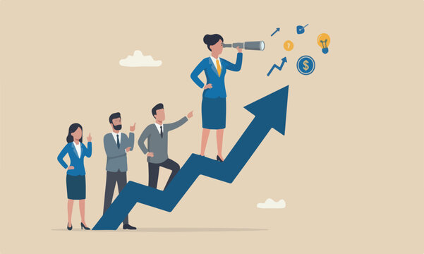 Woman businesswoman standing on top of rising arrow with telescope or spyglass to see future vision