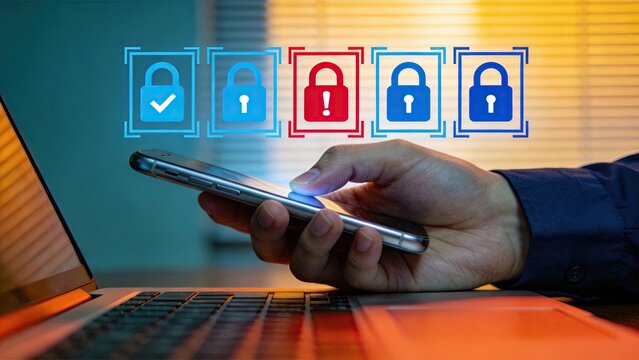Hand holding smartphone with floating security lock icons above screen, one red alert lock among blue secure locks, illustrating mobile device security, app authentication,