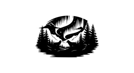 Naklejka premium Silhouette of wolves and pine forest under northern lights in minimalist style