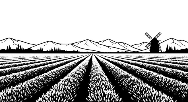Woodcut style rural landscape with windmill mountain and agricultural field rows