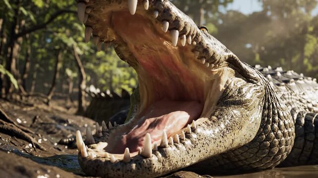 The powerful jaws of a massive saltwater crocodile are widely agape in a primal prehistoric display of immense predatory might amongst lush verdant subtropical jungle foliage and murky brown