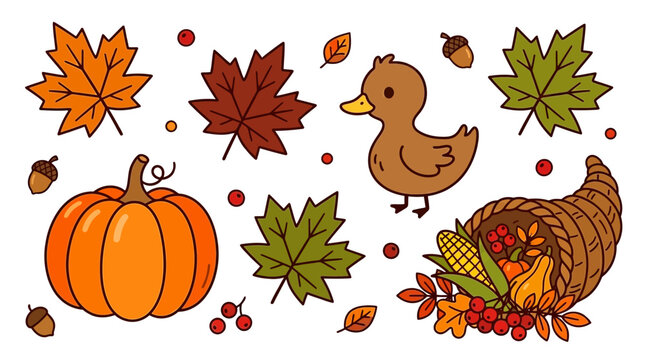 Autumn harvest illustration with duck cornucopia pumpkins maple leaves and acorns fall season graphic