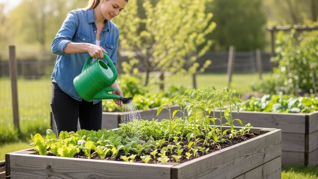 Woman watering vegetable seedlings in raised garden bed outdoors