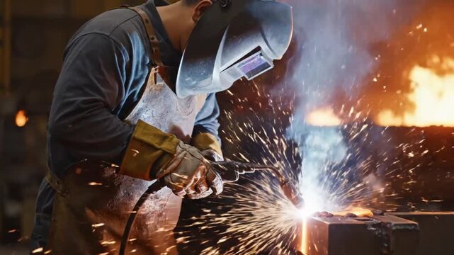 A worker in protective gear welding metal with sparks flying everywhere in an industrial setting.
