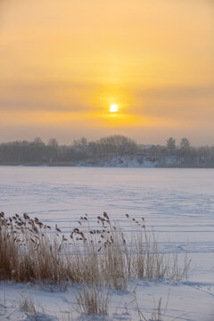 Winter sunrise at Liepelskaje lake, Belarus