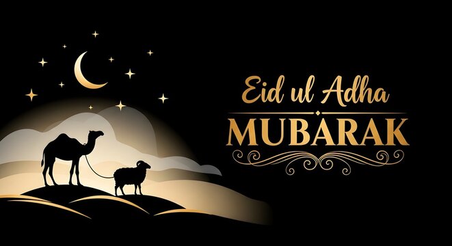 Eid ul adha mubarak greeting card design with camel silhouettes and crescent
