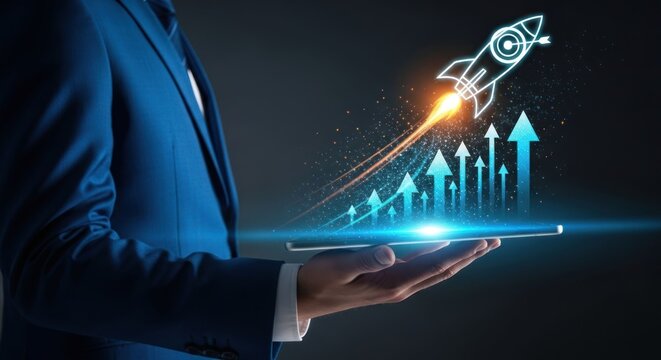 Business Growth Rocket Launching Upward Arrows on Tablet.