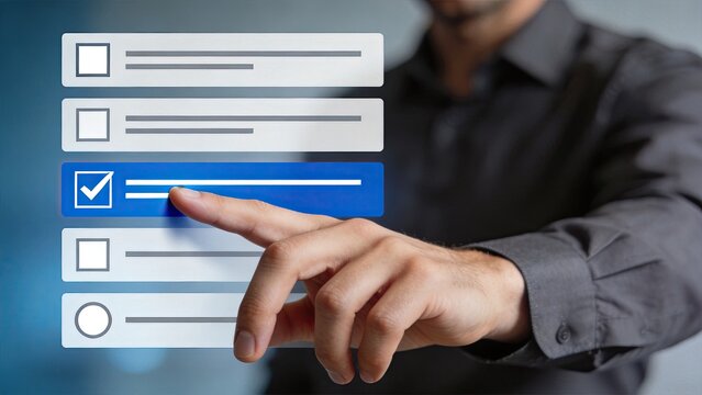 Finger touching selected checkbox on digital interface list, illustrating user interaction, decision making and option selection process on modern touch screen device for